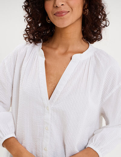 Blouse col tunisien manches 3/4 coton blanc femme