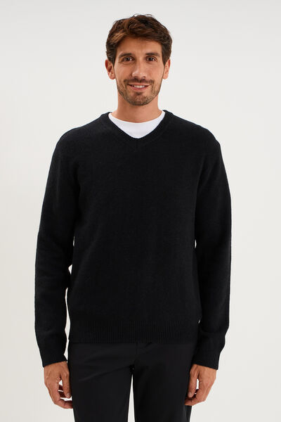 Pull droit col en V manches longues noir homme