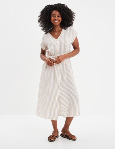 Robe chemise longueur genou ceinturée beige femme