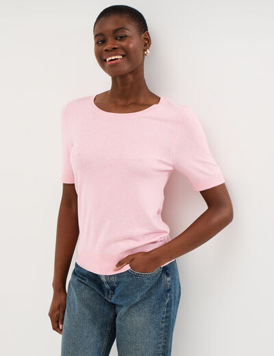 Pull manches courtes col rond rose clair femme
