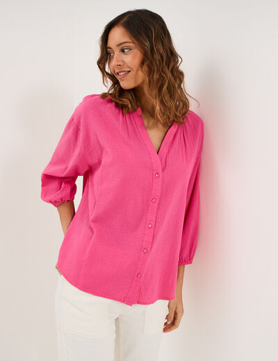 Blouse col tunisien manches 3/4 coton rose fushia femme