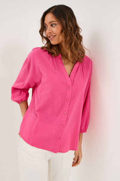 Blouse col tunisien manches 3/4 coton rose fushia femme