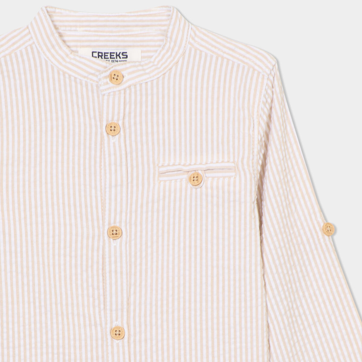 Chemise col mao manches retroussables beige b&eacute;b&eacute; gar&ccedil;on