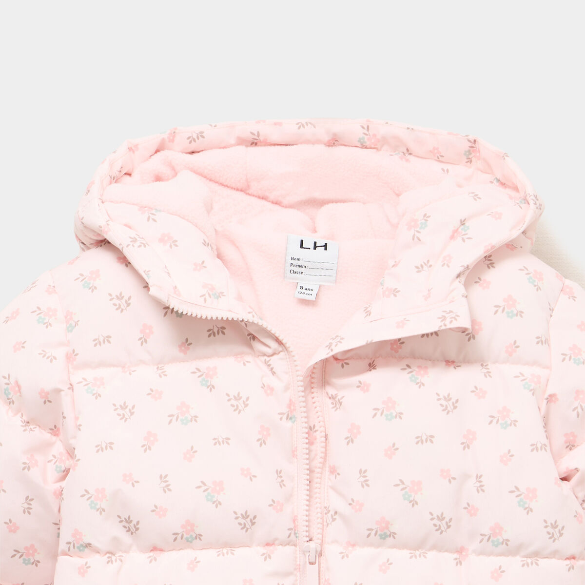 Doudoune zipp&eacute;e &agrave; capuche rose poudr&eacute;e fille