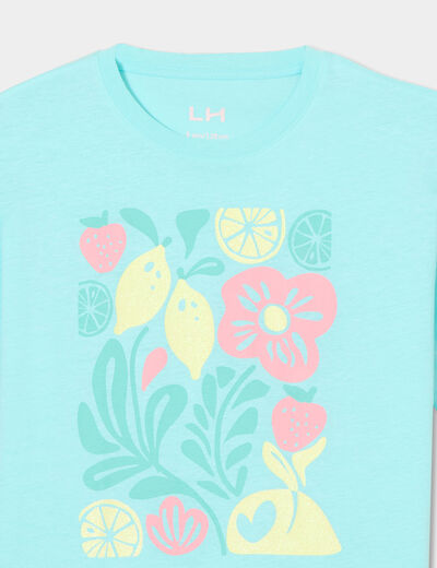 T-shirt col rond manches courtes coton bleu turquoise fille