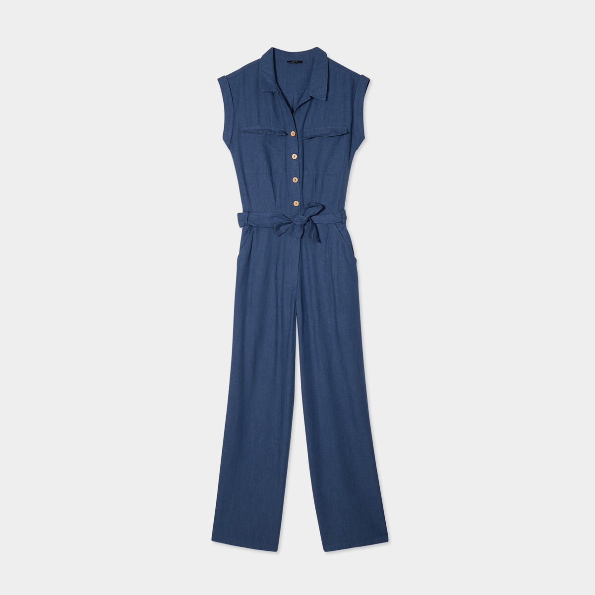 Combinaison pantalon ceintur&eacute;e bleu fonc&eacute; femme