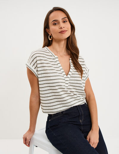 T-shirt col tunisien manches courtes ecru femme