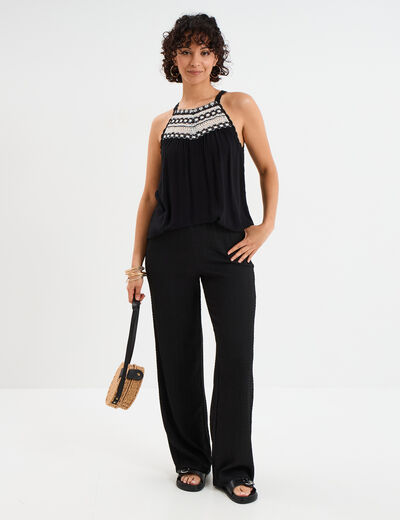 Pantalon effet gaufré taille élastiquée noir femme