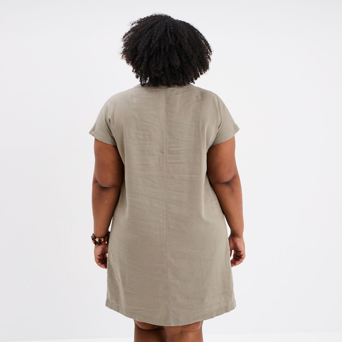 Robe droite genou col tunisien vert kaki femme grande taille