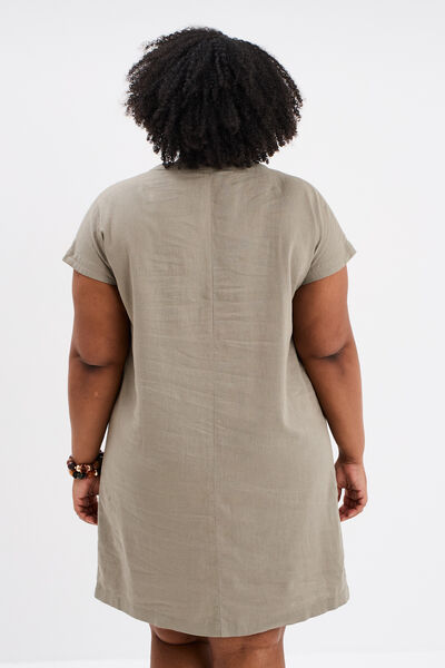 Robe droite genou col tunisien vert kaki femme grande taille
