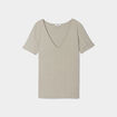 T-shirt col en V côtelé vert kaki femme