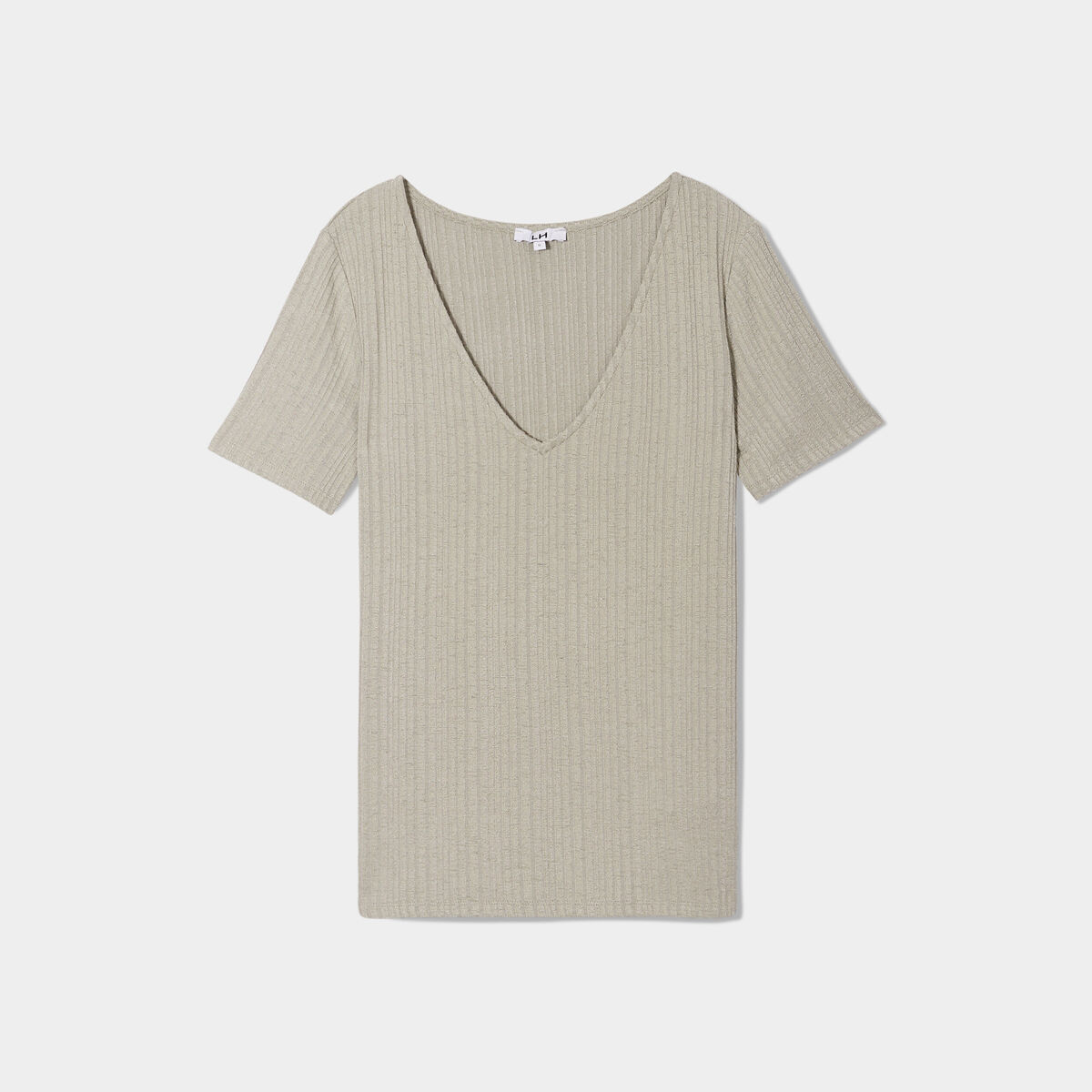 T-shirt col en V côtelé vert kaki femme