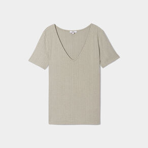 t shirt col en v cotele vert kaki femme T-shirt col en V côtelé vert kaki femme