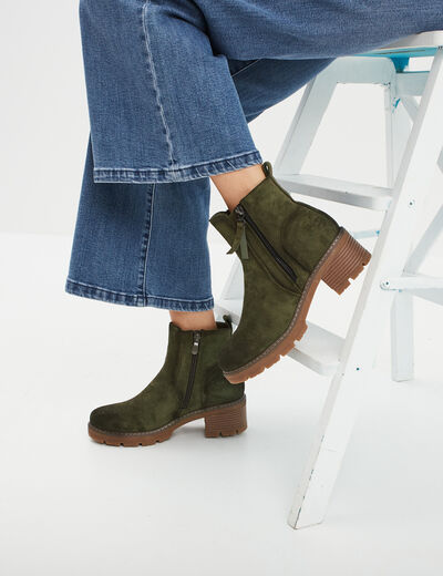 Bottines &agrave; talons effet daim zipp&eacute;es vert kaki femme