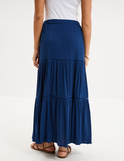 Jupe longue fluide taille &eacute;lastiqu&eacute;e bleu marine femme