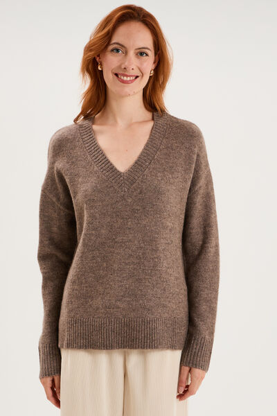 Pull col en V manches longues taupe femme