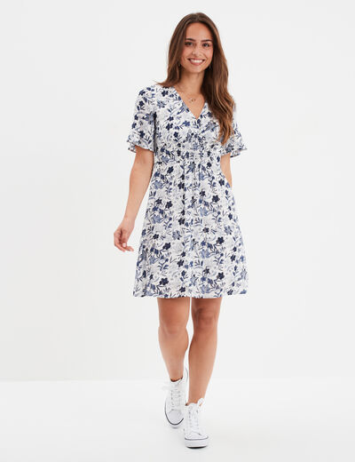 Robe col en V taille smockée Creeks ecru femme