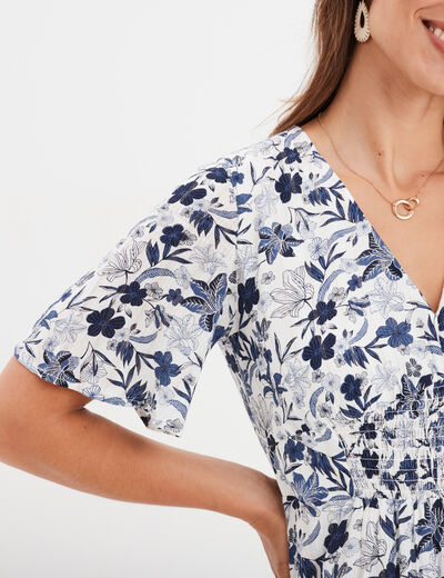 Robe col en V taille smockée Creeks ecru femme