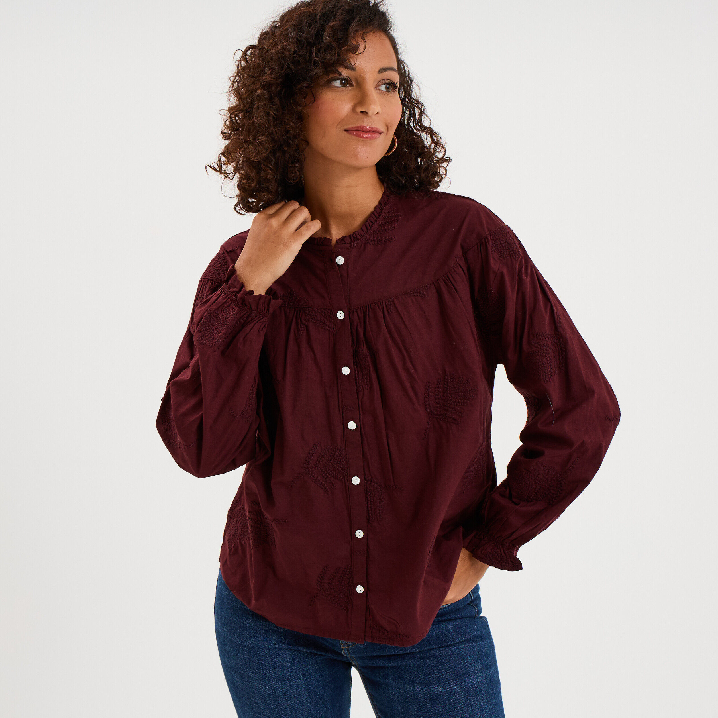 Chemise brodée col rond coton violet foncé femme CREEKS