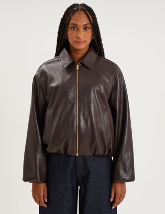 Veste boule oversize similicuir zipp&eacute;e marron fonc&eacute; femme