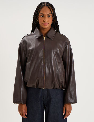 Veste boule oversize similicuir zipp&eacute;e marron fonc&eacute; femme