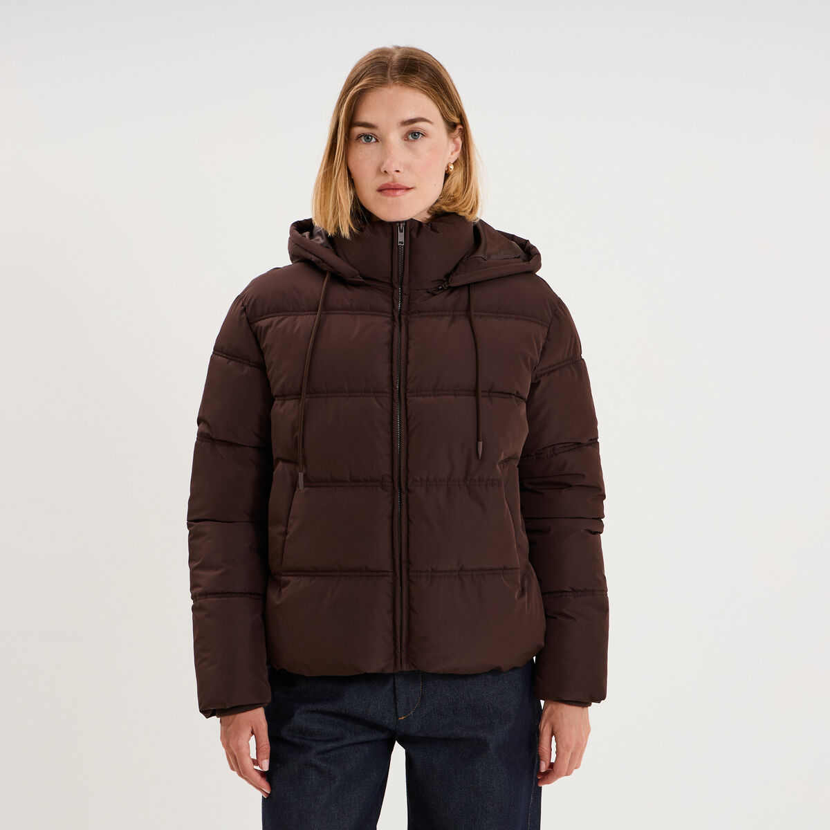 Doudoune &agrave; capuche zipp&eacute;e femme marron fonc&eacute; femme