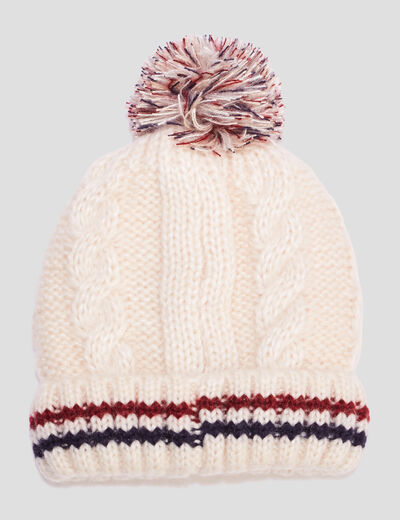 Bonnet tricoté avec pompon et torsades sable garçon