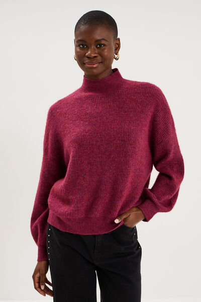 Pull col montant manches longues amples rouge fonc&eacute; femme