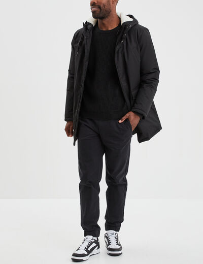 Parka mi-longue doublée à capuche noir homme