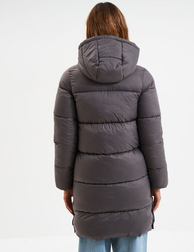 Doudoune longue &agrave; capuche gris fonc&eacute; femme