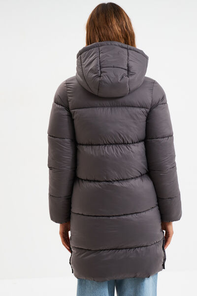Doudoune longue &agrave; capuche gris fonc&eacute; femme
