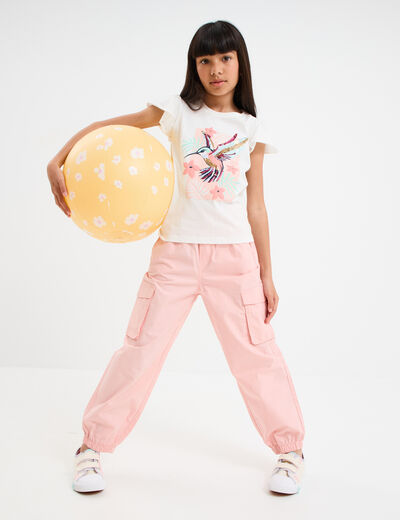 Pantalon parachute battle poches c&ocirc;t&eacute;s rose pastel fille