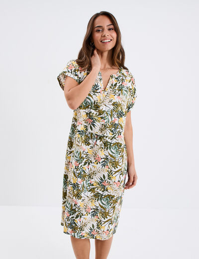 Robe courte col tunisien manches courtes blanc femme