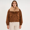 Veste effet su&eacute;dine col fausse fourrure marron femme