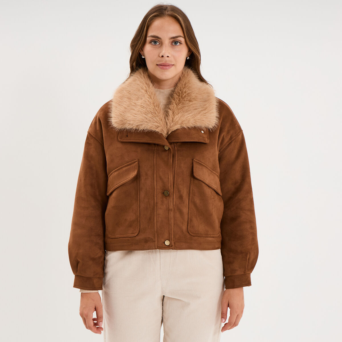 Veste effet su&eacute;dine col fausse fourrure marron femme