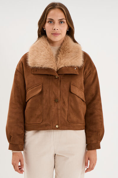 Veste effet su&eacute;dine col fausse fourrure marron femme