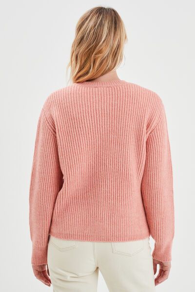 Pull col rond manches longues rose saumon femme