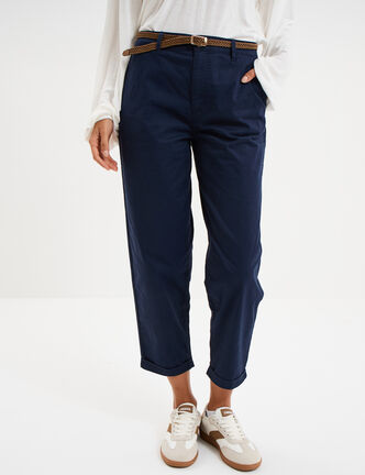 Pantalon chino regular ceinture tress&eacute;e bleu marine femme