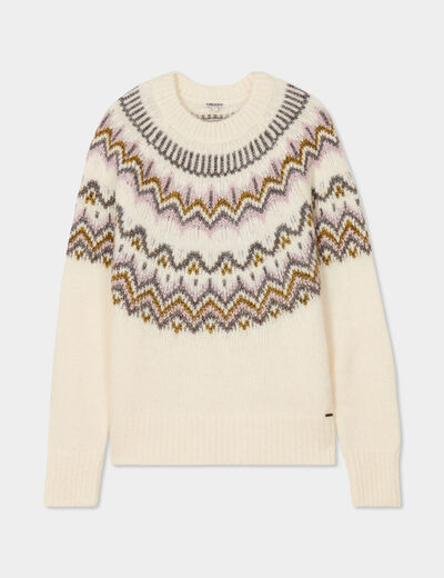 Pull jacquard col rond manches longues beige femme