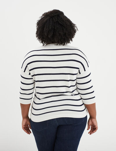 Pull col en V manches 3/4 ecru femme grande taille
