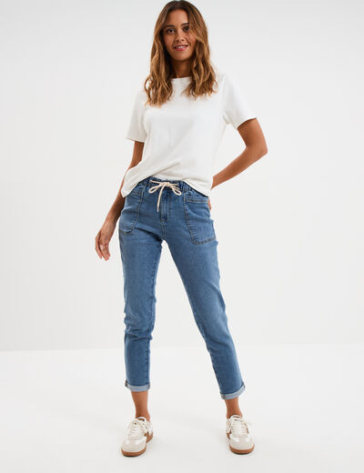 Jeans droit taille élastiquée denim stone femme