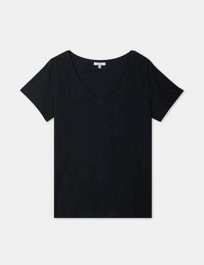 T-shirt col en V manches courtes coton noir femme grande taille