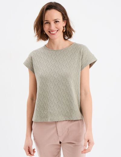 T-shirt ajouré manches courtes vert kaki femme