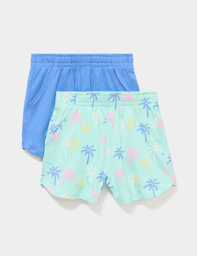 Lot 2 shorts coton taille &eacute;lastiqu&eacute;e bleu turquoise fille
