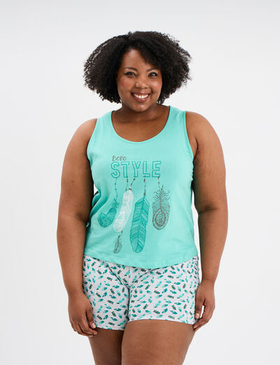 Ensemble pyjama short et débardeur coton bleu turquoise femme grande taille