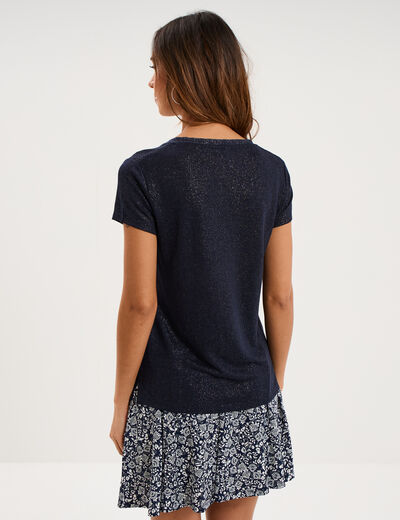 T-shirt col en V manches courtes bleu fonc&eacute; femme
