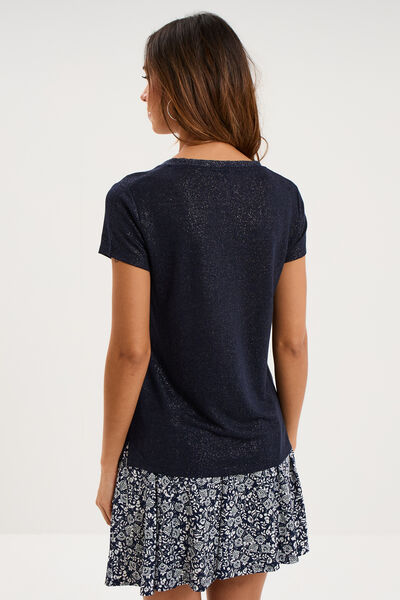 T-shirt col en V manches courtes bleu fonc&eacute; femme