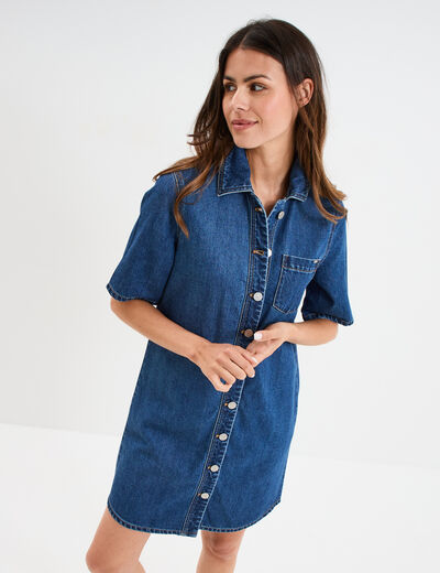 Robe chemise manches courtes en jean denim stone femme