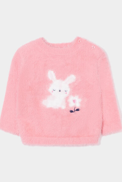 Pull droit mailles duveteuses Kimbaloo rose bébé fille