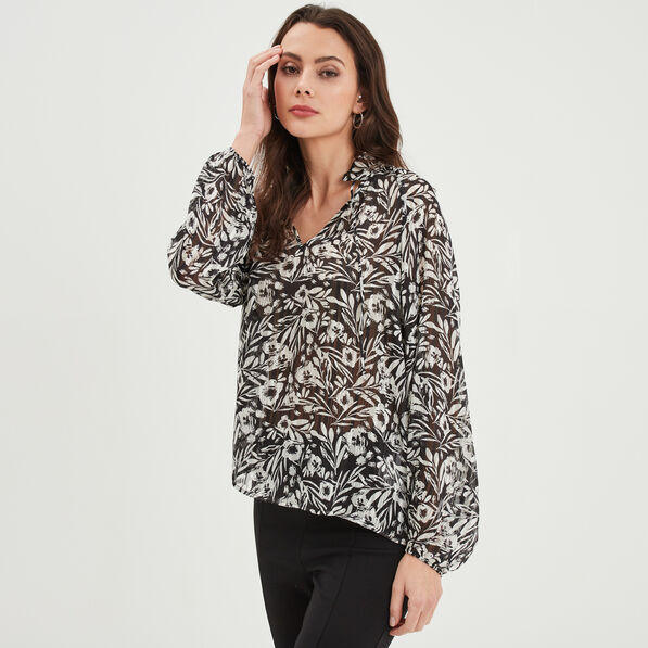 Blouse col froncé à cordons et volants noir femme